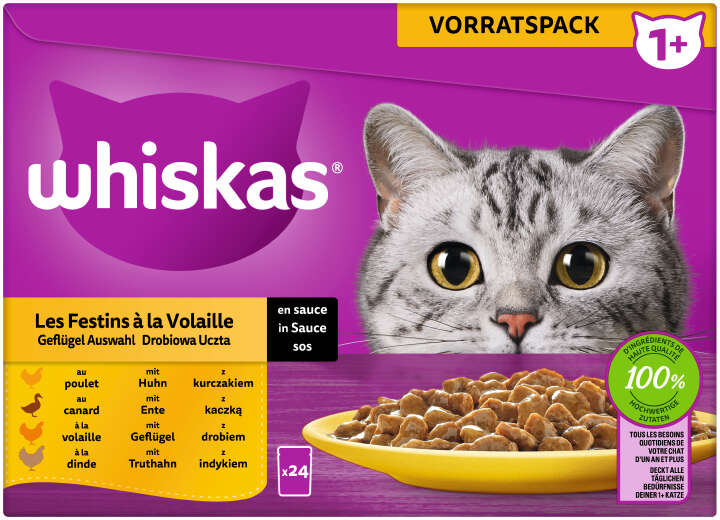 whiskas Portionsbeutel Katzen-Nassfutter Multipack Vorratspack 1+ Geflügel Auswahl in Sauce 24 x 85g